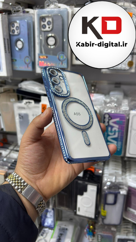 قاب گوشی Galaxy A55 سامسونگ الکتروپلیتینگ ژله ای شفاف اورجینال طرح مگ سیف نگین دار شاین محافظ لنز دار آبی