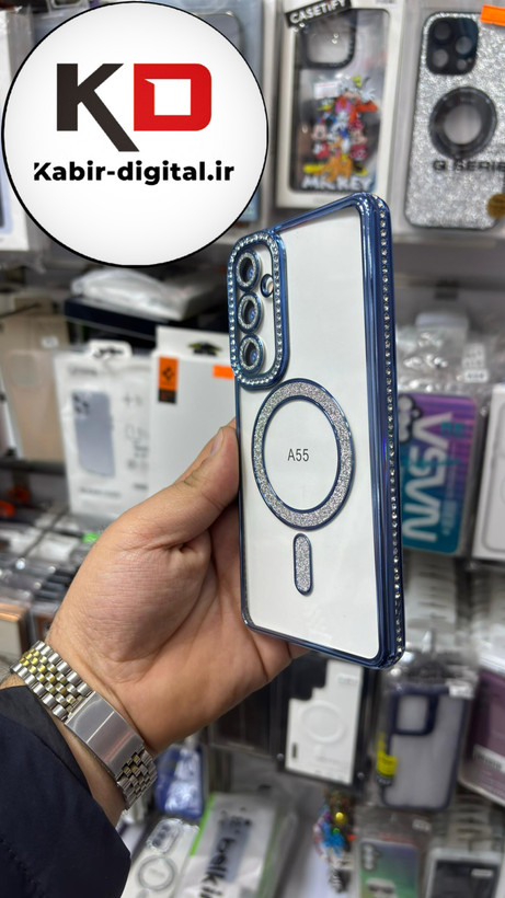 قاب گوشی Galaxy A55 سامسونگ الکتروپلیتینگ ژله ای شفاف اورجینال طرح مگ سیف نگین دار شاین محافظ لنز دار آبی