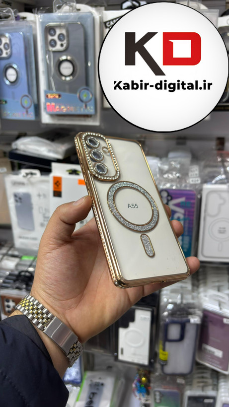 قاب گوشی Galaxy A55 سامسونگ الکتروپلیتینگ ژله ای شفاف اورجینال طرح مگ سیف نگین دار شاین محافظ لنز دار طلایی