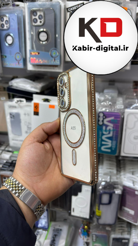 قاب گوشی Galaxy A55 سامسونگ الکتروپلیتینگ ژله ای شفاف اورجینال طرح مگ سیف نگین دار شاین محافظ لنز دار طلایی