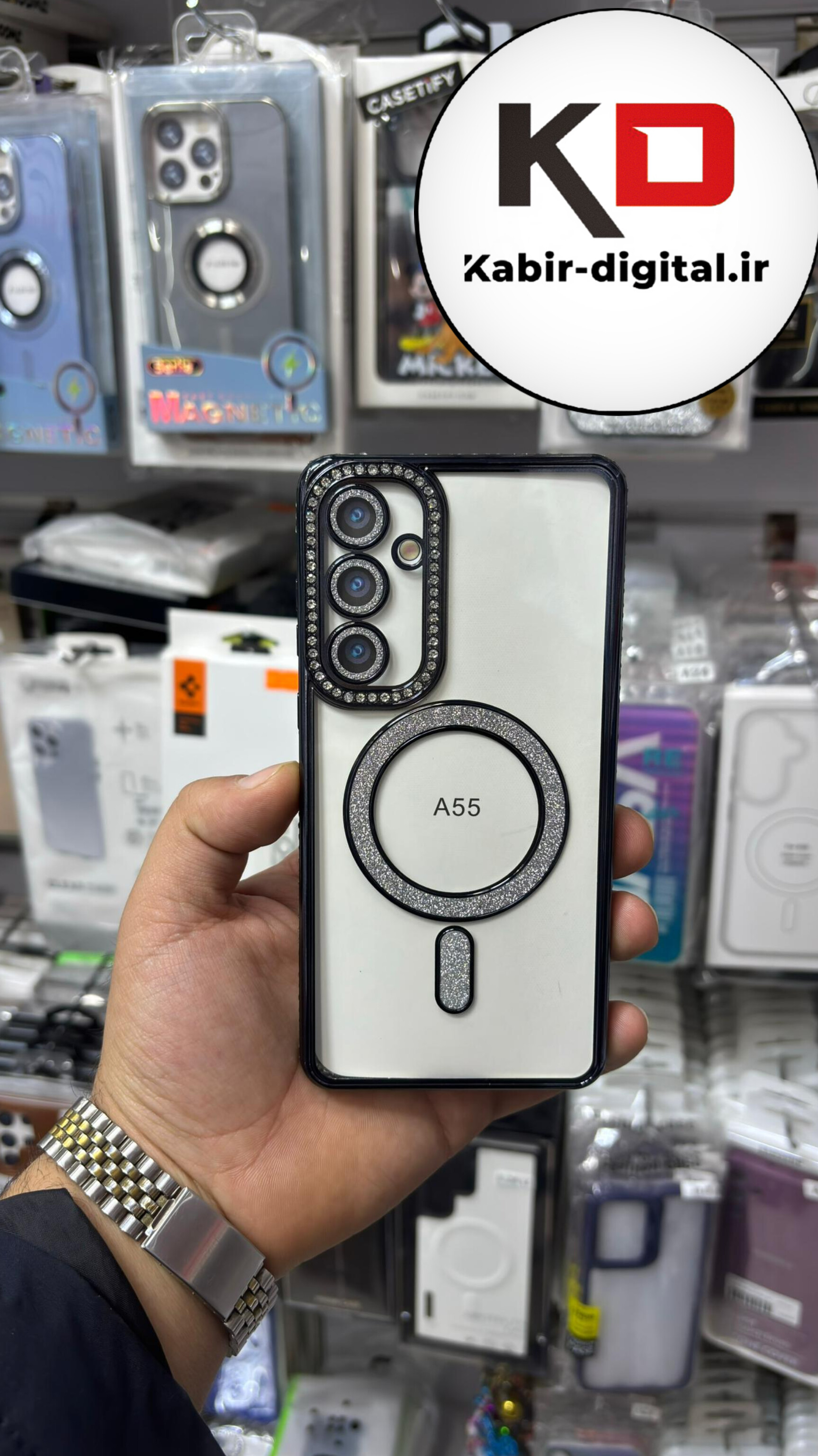 قاب گوشی Galaxy A55 سامسونگ الکتروپلیتینگ ژله ای شفاف اورجینال طرح مگ سیف نگین دار شاین محافظ لنز دار مشکی