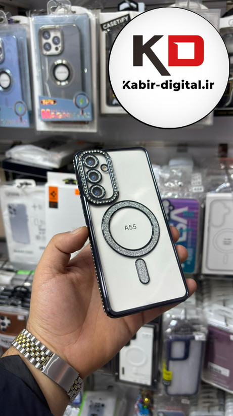 قاب گوشی Galaxy A55 سامسونگ الکتروپلیتینگ ژله ای شفاف اورجینال طرح مگ سیف نگین دار شاین محافظ لنز دار مشکی