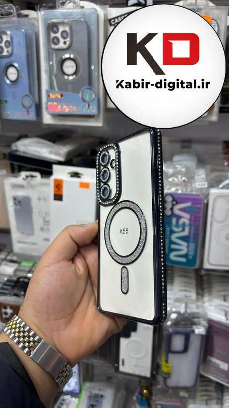 قاب گوشی Galaxy A55 سامسونگ الکتروپلیتینگ ژله ای شفاف اورجینال طرح مگ سیف نگین دار شاین محافظ لنز دار مشکی
