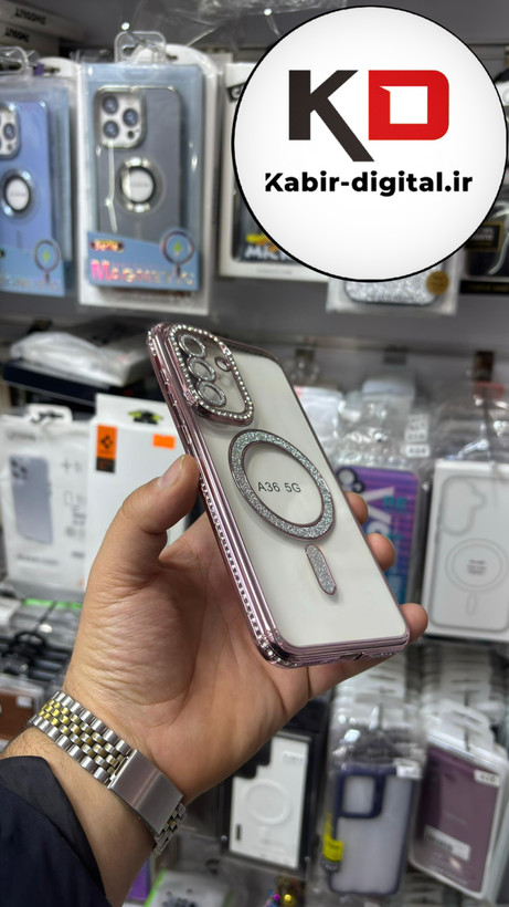 قاب گوشی Galaxy A36 سامسونگ الکتروپلیتینگ ژله ای شفاف اورجینال طرح مگ سیف نگین دار شاین محافظ لنز دار صورتی