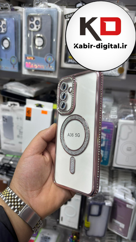 قاب گوشی Galaxy A36 سامسونگ الکتروپلیتینگ ژله ای شفاف اورجینال طرح مگ سیف نگین دار شاین محافظ لنز دار صورتی