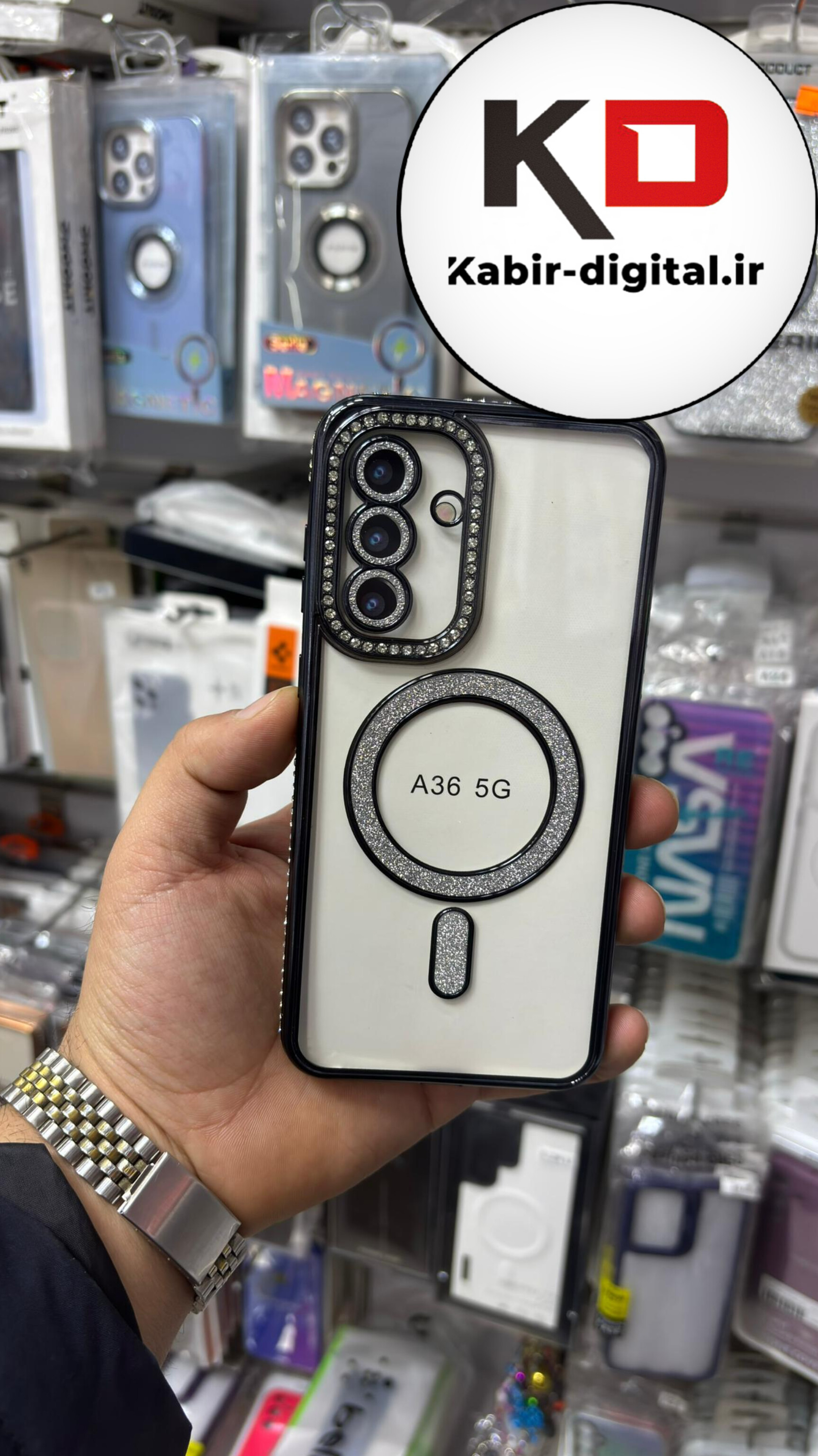 قاب گوشی Galaxy A36 سامسونگ الکتروپلیتینگ ژله ای شفاف اورجینال طرح مگ سیف نگین دار شاین محافظ لنز دار مشکی