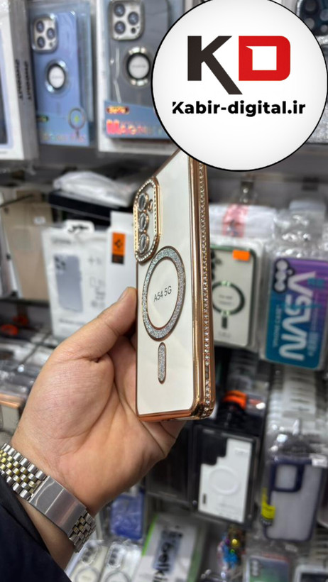 قاب گوشی Galaxy A54 سامسونگ الکتروپلیتینگ ژله ای شفاف اورجینال طرح مگ سیف نگین دار شاین محافظ لنز دار طلایی