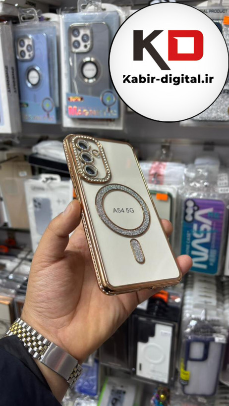 قاب گوشی Galaxy A54 سامسونگ الکتروپلیتینگ ژله ای شفاف اورجینال طرح مگ سیف نگین دار شاین محافظ لنز دار طلایی