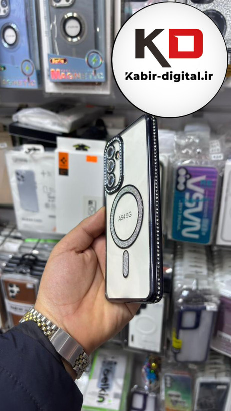 قاب گوشی Galaxy A54 سامسونگ الکتروپلیتینگ ژله ای شفاف اورجینال طرح مگ سیف نگین دار شاین محافظ لنز دار مشکی