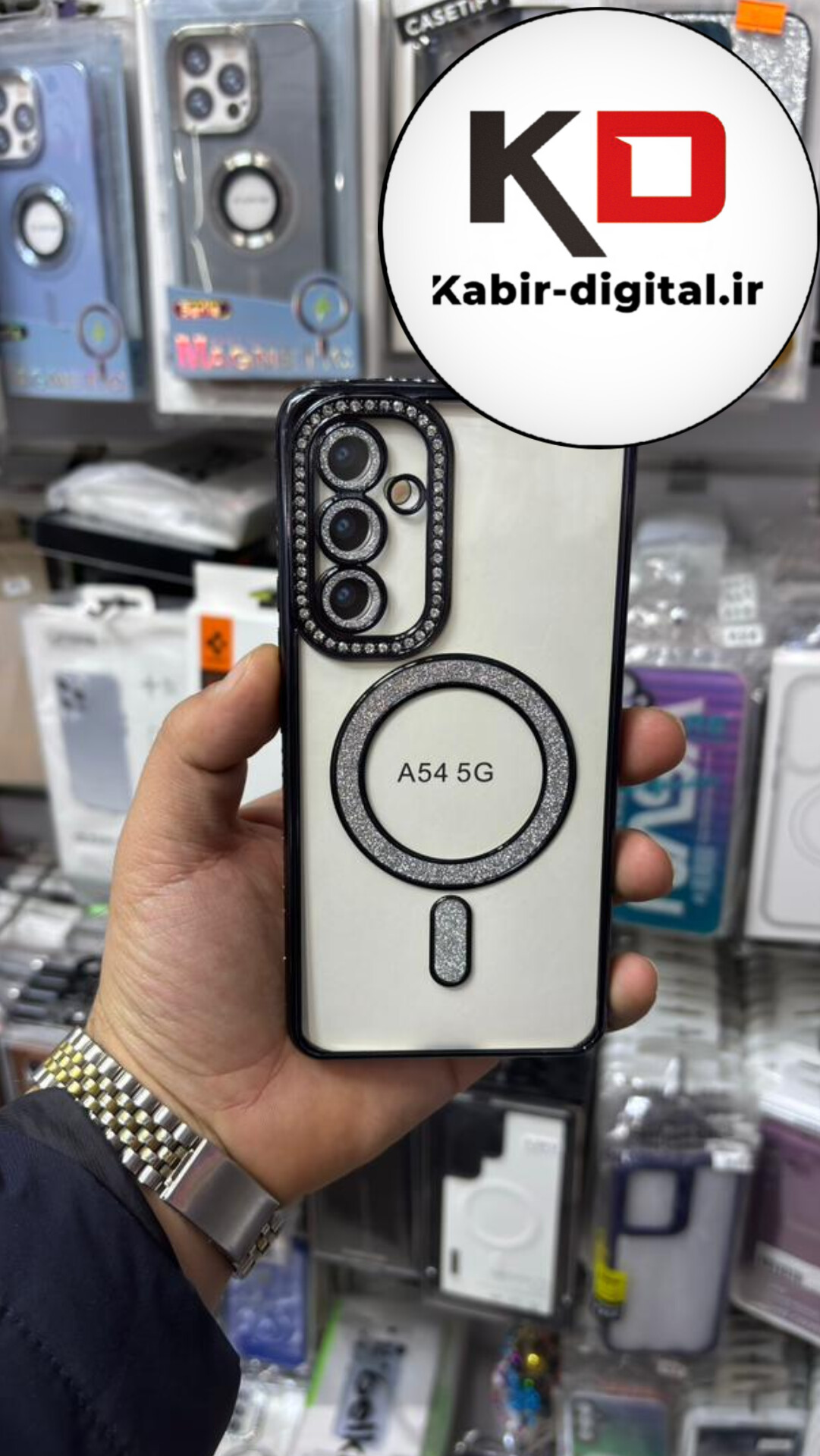 قاب گوشی Galaxy A54 سامسونگ الکتروپلیتینگ ژله ای شفاف اورجینال طرح مگ سیف نگین دار شاین محافظ لنز دار مشکی