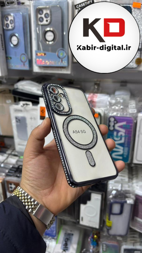قاب گوشی Galaxy A54 سامسونگ الکتروپلیتینگ ژله ای شفاف اورجینال طرح مگ سیف نگین دار شاین محافظ لنز دار مشکی