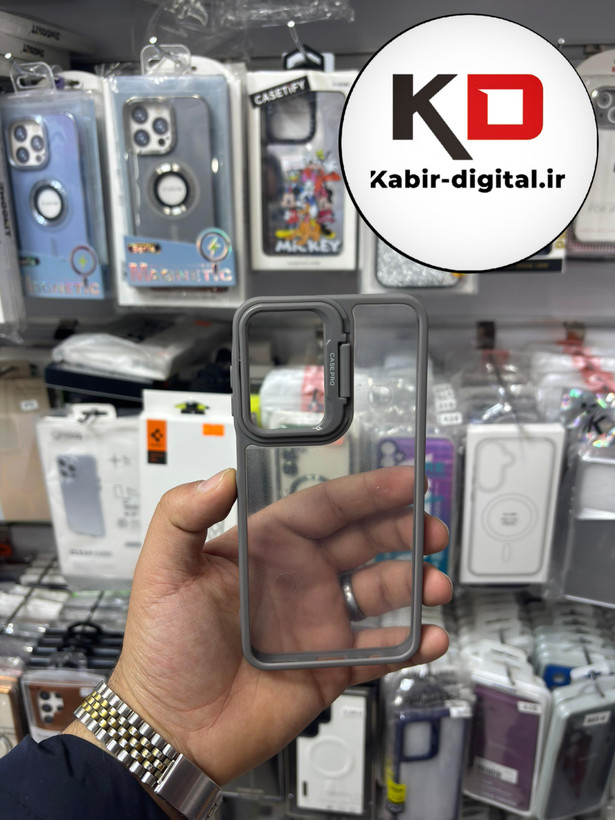 قاب گوشی Galaxy S23 FEسامسونگ اورجینال متال کیس Metal اورجینال CASE PRO طرح پشت طلق شفاف دور سیلیکونی استندشو خاکستری
