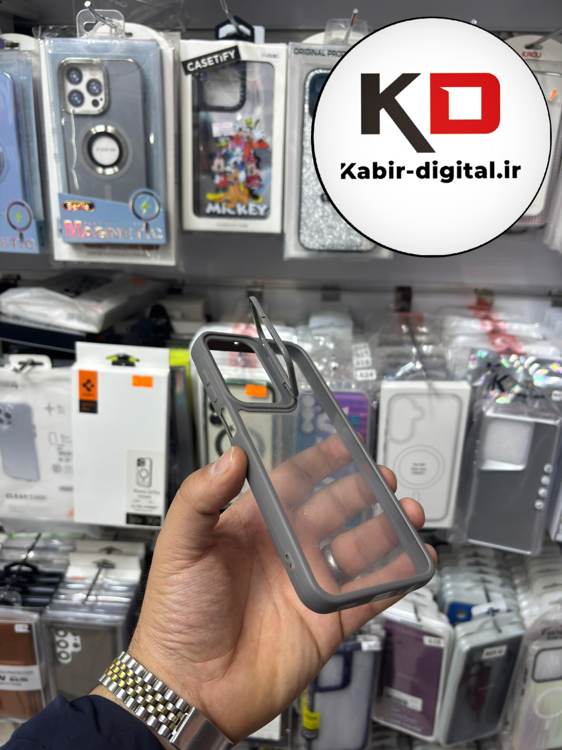 قاب گوشی Galaxy S23 FEسامسونگ اورجینال متال کیس Metal اورجینال CASE PRO طرح پشت طلق شفاف دور سیلیکونی استندشو خاکستری