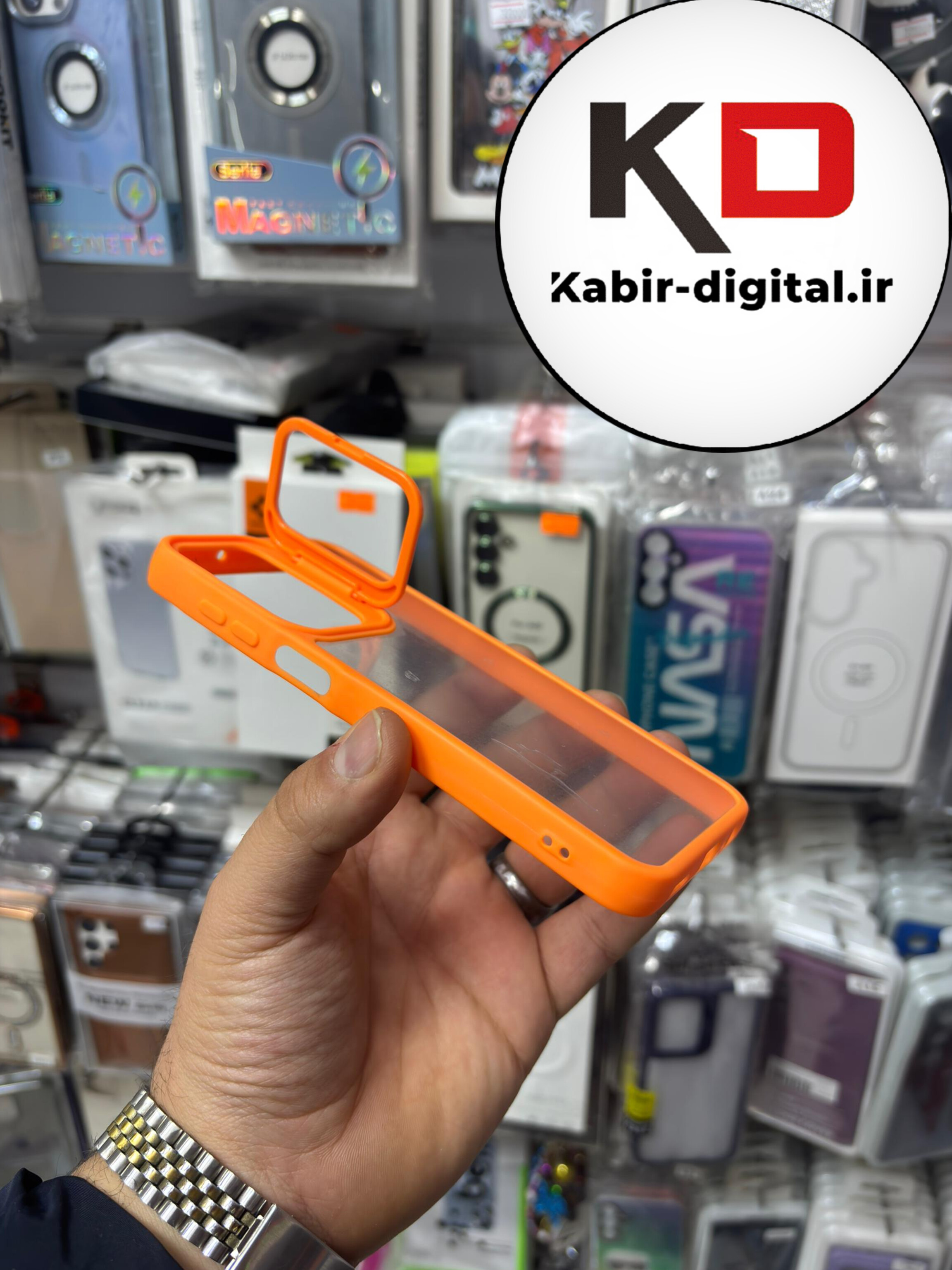 قاب گوشی Galaxy S23 FEسامسونگ اورجینال متال کیس Metal اورجینال CASE PRO طرح پشت طلق شفاف دور سیلیکونی استندشو نارنجی