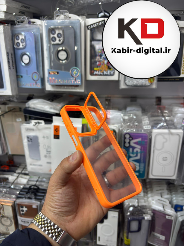 قاب گوشی Galaxy S23 FEسامسونگ اورجینال متال کیس Metal اورجینال CASE PRO طرح پشت طلق شفاف دور سیلیکونی استندشو نارنجی