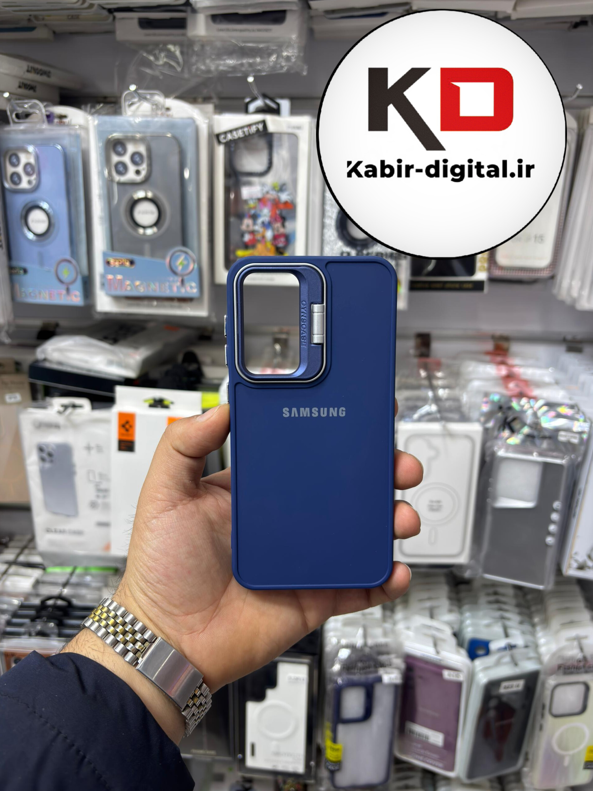 قاب گوشی Galaxy S23 FEسامسونگ سیلیکونی استندشو لوگو دار CYNS CASE سرمه ایی