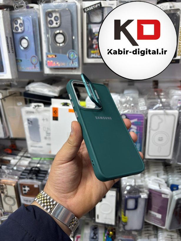 قاب گوشی Galaxy S23 FEسامسونگ سیلیکونی استندشو لوگو دار CYNS CASE سبز