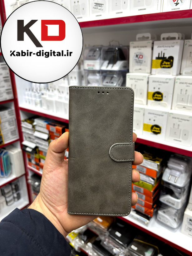 کیف گوشی Redmi 10c/Redmi12C شیائومی چرم مگنتی جاکارتی بند آویز دار طوسی