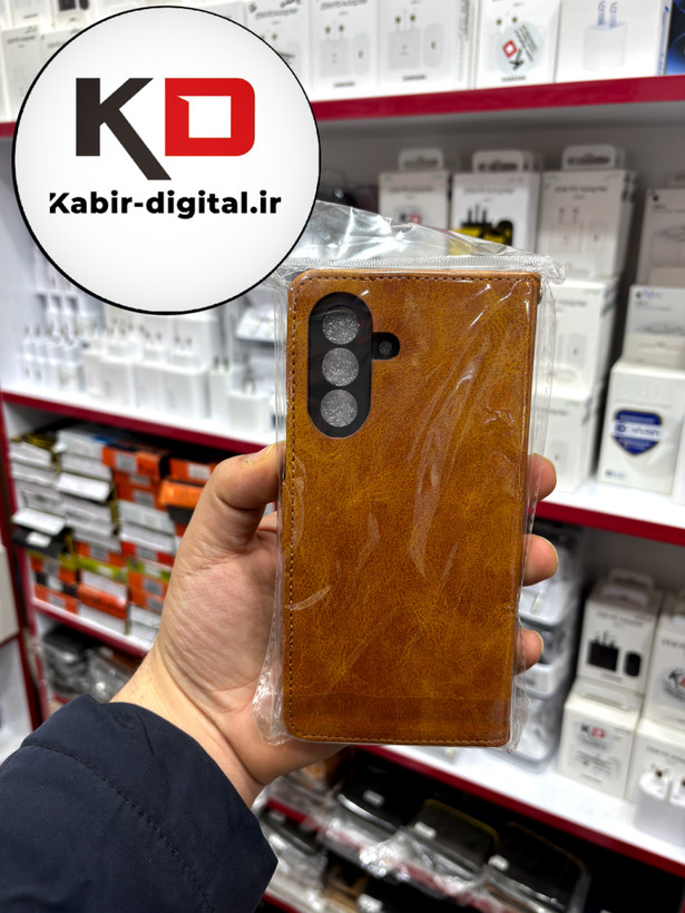 کیف گوشی Galaxy A17سامسونگ چرم مگنتی جاکارتی بند آویز دار عسلی