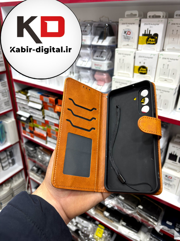 کیف گوشی Galaxy A17سامسونگ چرم مگنتی جاکارتی بند آویز دار عسلی