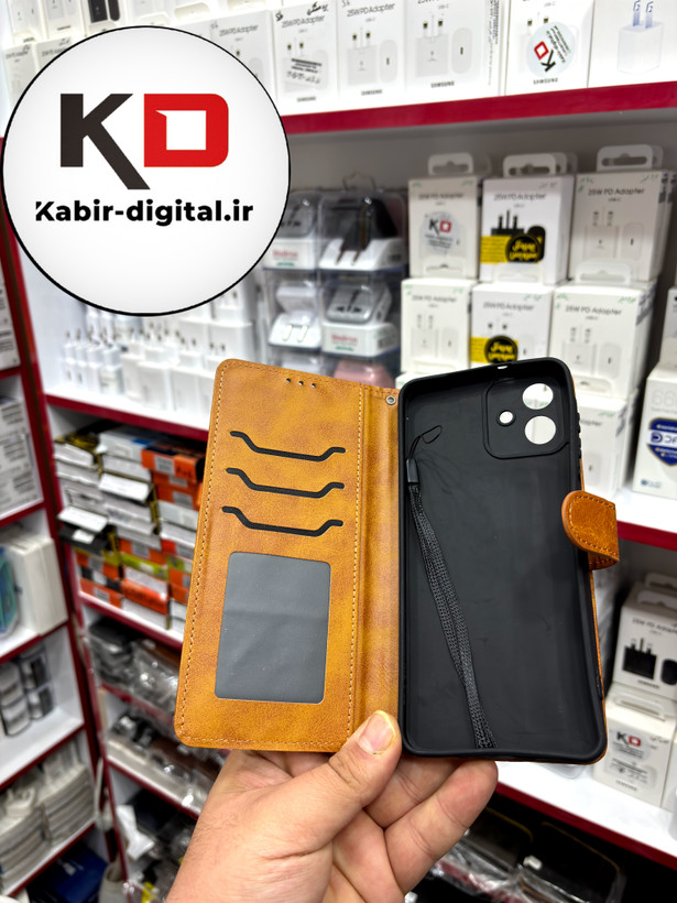 کیف گوشی Galaxy A07سامسونگ چرم مگنتی جاکارتی بند آویز دار عسلی