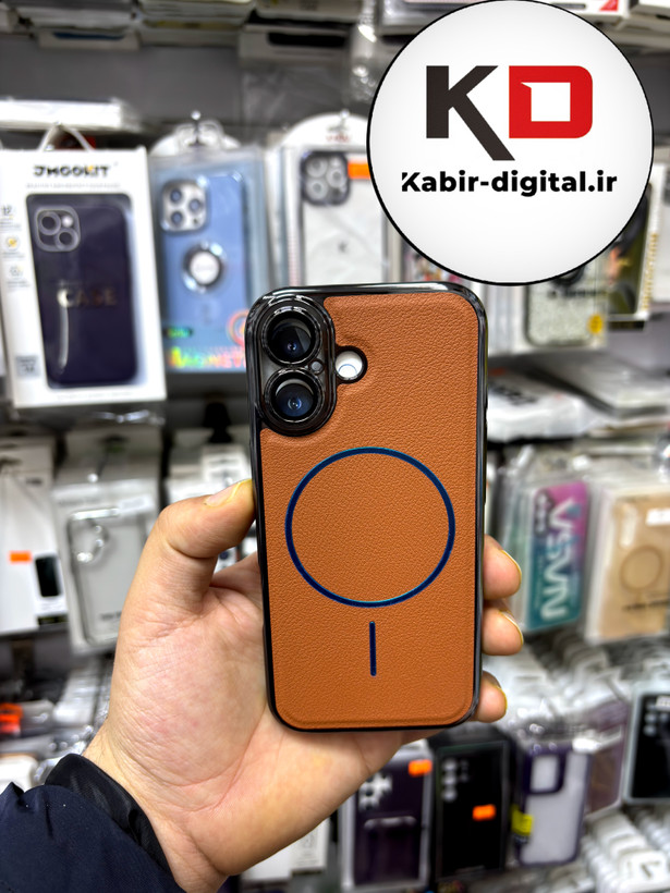 قاب گوشی iPhone 17 آیفون Leather Case مگ سیف Magsafe Silver اورجینال چرم محافظ لنز دار شیشه ای قهوه ای