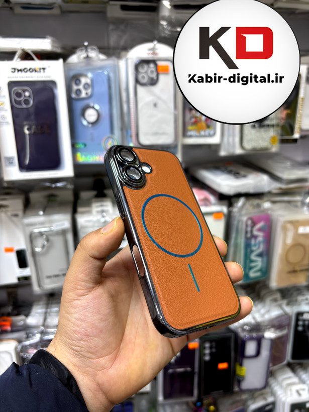 قاب گوشی iPhone 17 آیفون Leather Case مگ سیف Magsafe Silver اورجینال چرم محافظ لنز دار شیشه ای قهوه ای