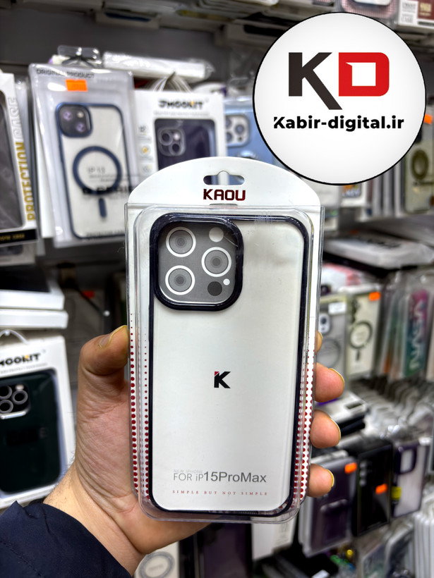 قاب گوشی iPhone 15 Pro max آیفون طرح طلقی شیشه ای Camera Lens شفاف اورجینال KAOU سری الکتروپلیتینگ طلقی شفاف رنگ مشکی