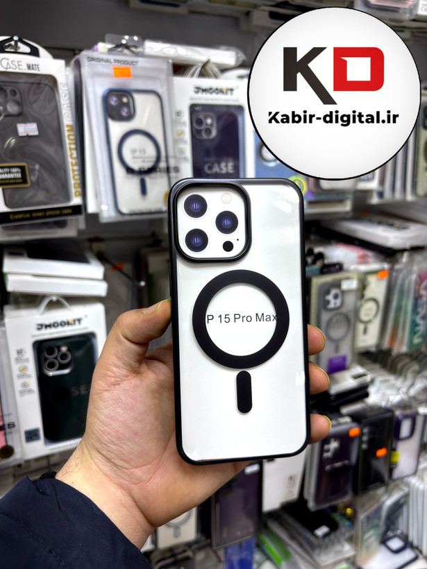 قاب گوشی iPhone 15 pro max آیفون طرح الکتروپلیتینگ مگ سیفی ژله ای شفاف اورجینال Q SERIES رنگ مشکی
