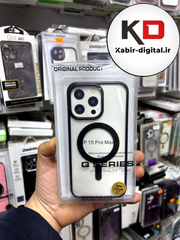 قاب گوشی iPhone 15 pro max آیفون طرح الکتروپلیتینگ مگ سیفی ژله ای شفاف اورجینال Q SERIES رنگ مشکی