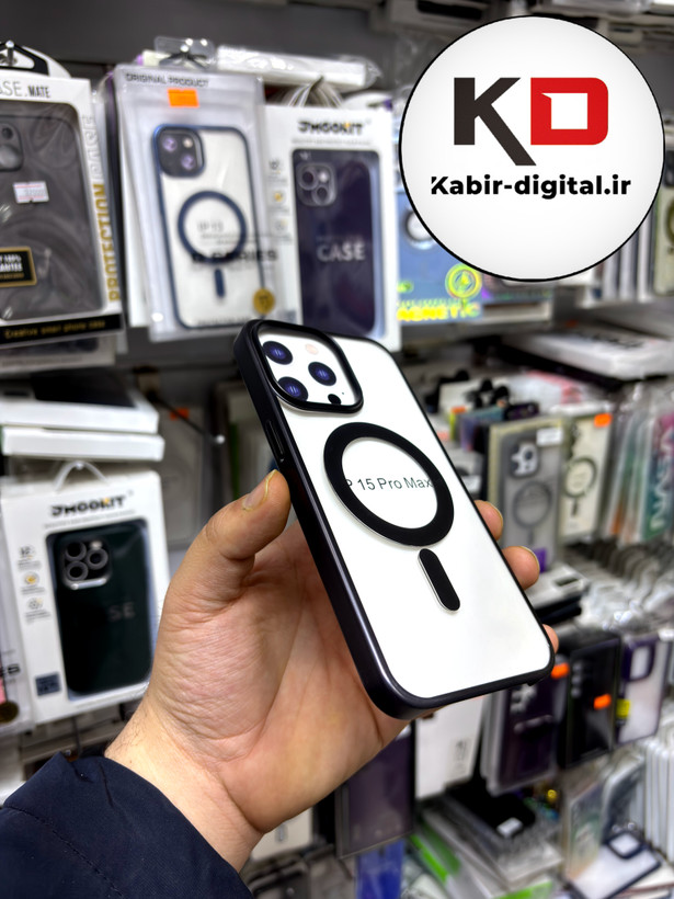 قاب گوشی iPhone 15 pro max آیفون طرح الکتروپلیتینگ مگ سیفی ژله ای شفاف اورجینال Q SERIES رنگ مشکی