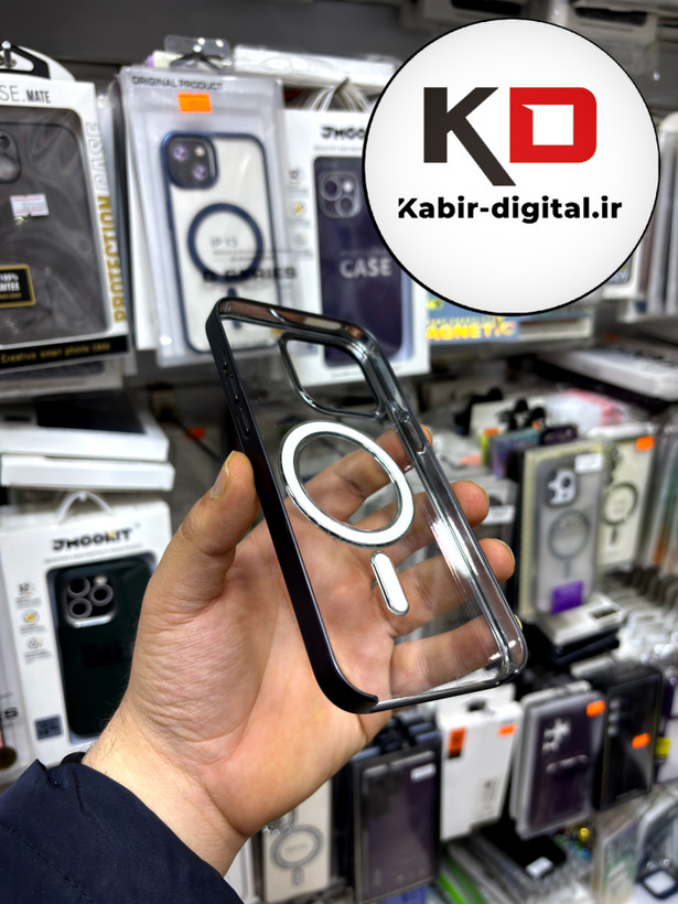 قاب گوشی iPhone 15 pro max آیفون طرح الکتروپلیتینگ مگ سیفی ژله ای شفاف اورجینال Q SERIES رنگ مشکی