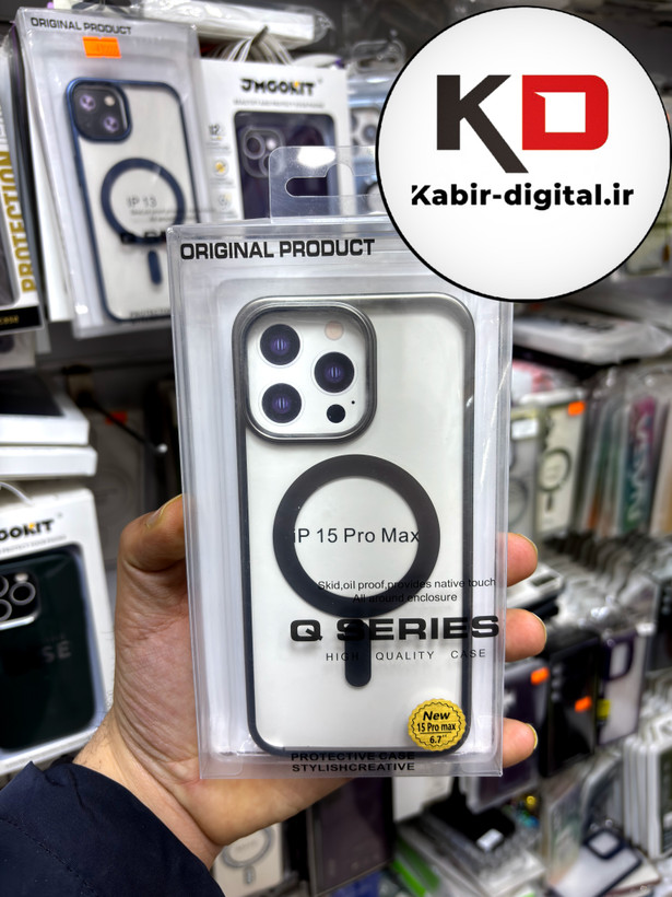 قاب گوشی iPhone 15 pro max آیفون طرح الکتروپلیتینگ مگ سیفی ژله ای شفاف اورجینال Q SERIES رنگ تیتانیوم