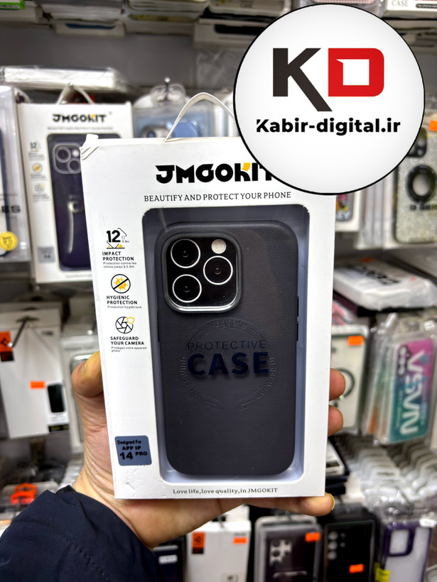کاور گوشی آیفون iphone 14 Pro طرح چرم اورجینال مگ سیف لنز کرومی مشکی