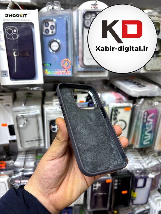 کاور گوشی آیفون iphone 14 Pro طرح چرم اورجینال مگ سیف لنز کرومی مشکی