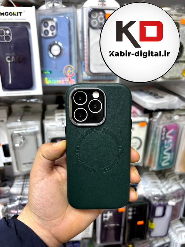 کاور گوشی آیفون iphone 14 Pro طرح چرم اورجینال مگ سیف لنز کرومی سبز