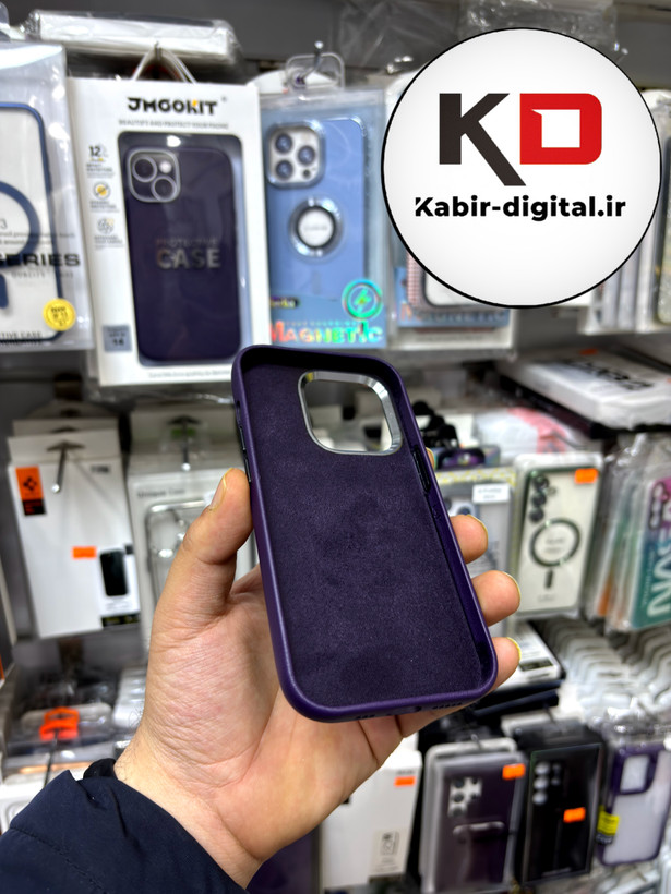 کاور گوشی آیفون iphone 14 Pro طرح چرم اورجینال مگ سیف لنز کرومی بنفش