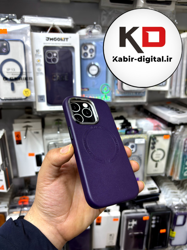 کاور گوشی آیفون iphone 14 Pro طرح چرم اورجینال مگ سیف لنز کرومی بنفش