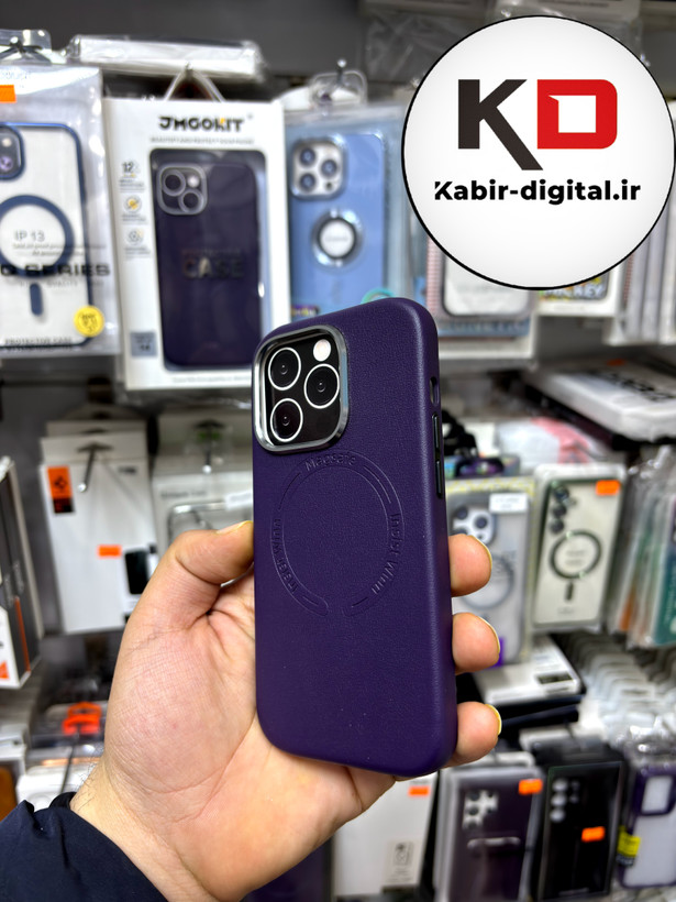 کاور گوشی آیفون iphone 14 Pro طرح چرم اورجینال مگ سیف لنز کرومی بنفش