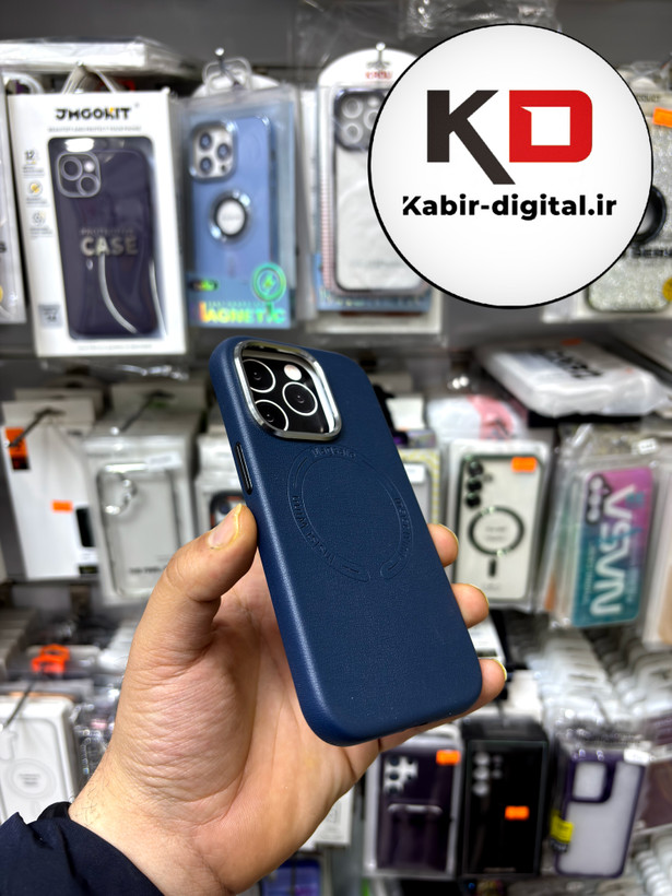 کاور گوشی آیفون iphone 14 Pro طرح چرم اورجینال مگ سیف لنز کرومی سرمه ایی