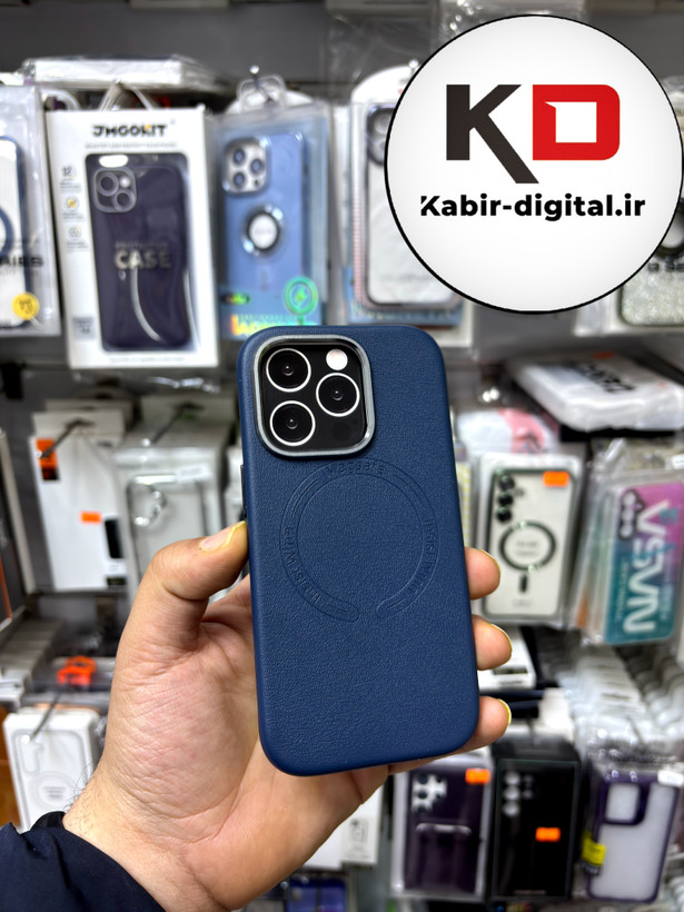 کاور گوشی آیفون iphone 14 Pro طرح چرم اورجینال مگ سیف لنز کرومی سرمه ایی