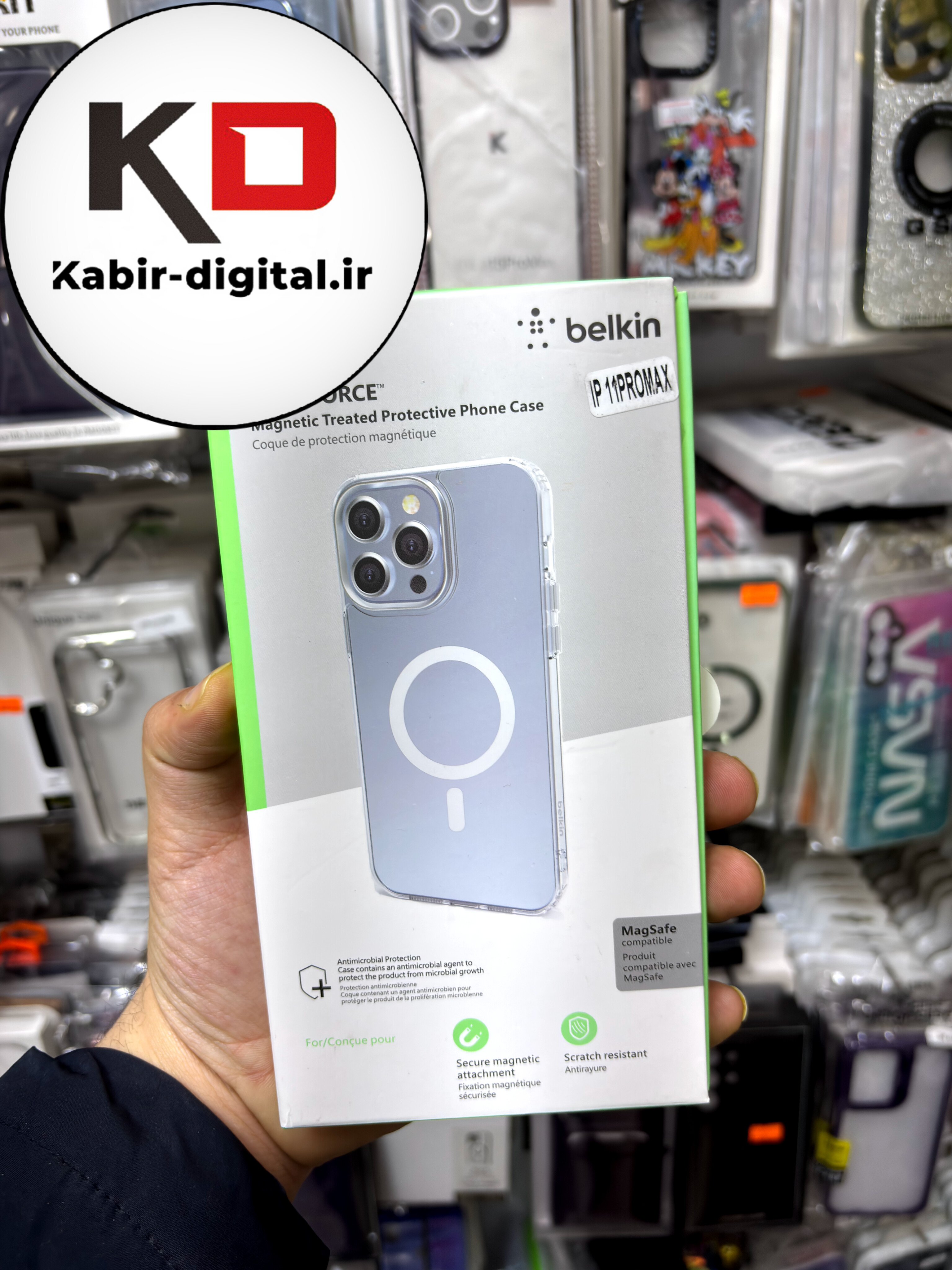 قاب گوشی iPhone 11 Pro Max آیفون اورجینال بلکین belkin طرح طلقی شیشه ای شفاف لنز کرومی مگ سیف دار