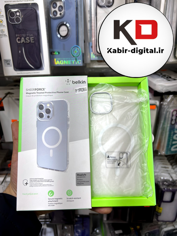 قاب گوشی iPhone 11 Pro Max آیفون اورجینال بلکین belkin طرح طلقی شیشه ای شفاف لنز کرومی مگ سیف دار