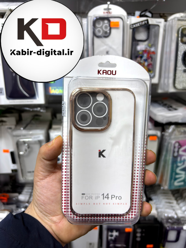 قاب گوشی iPhone 14 Pro آیفون طرح طلقی شیشه ای Camera Lens شفاف اورجینال KAOU سری الکتروپلیتینگ طلقی شفاف رنگ طلایی