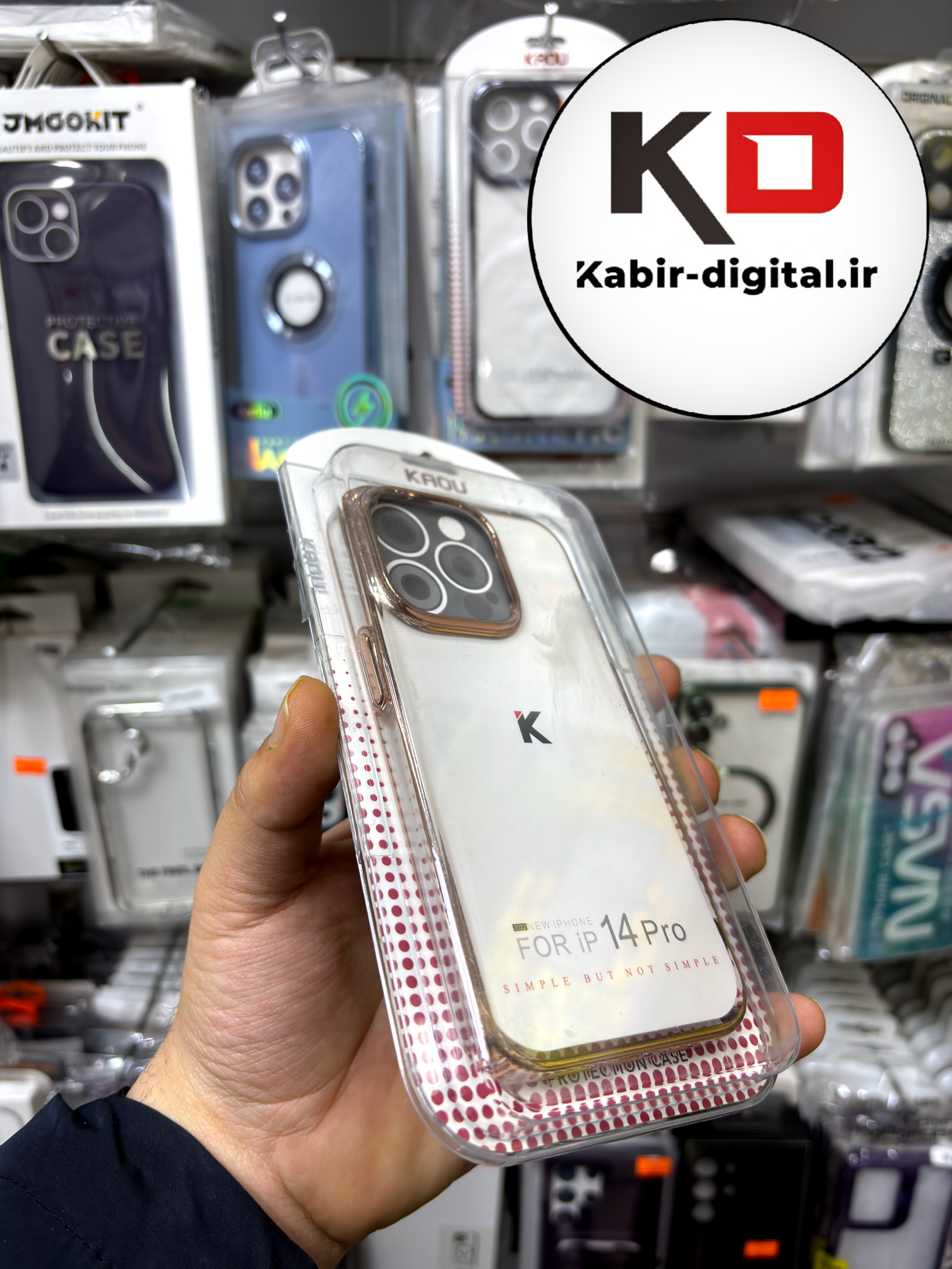 قاب گوشی iPhone 14 Pro آیفون طرح طلقی شیشه ای Camera Lens شفاف اورجینال KAOU سری الکتروپلیتینگ طلقی شفاف رنگ طلایی