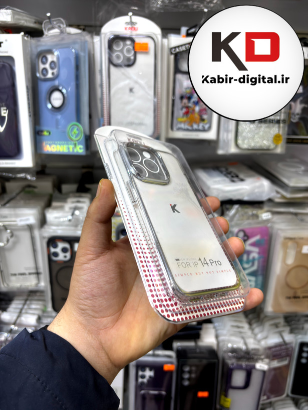 قاب گوشی iPhone 14 Pro آیفون طرح طلقی شیشه ای Camera Lens شفاف اورجینال KAOU سری الکتروپلیتینگ طلقی شفاف رنگ نقره ایی