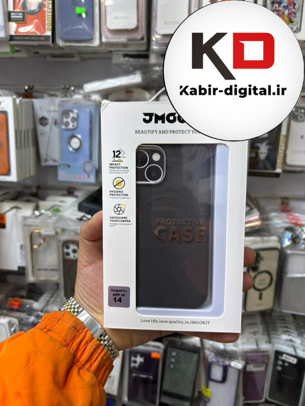 کاور گوشی آیفون iphone 13/14 طرح چرم اورجینال مگ سیف لنز کرومی مشکی