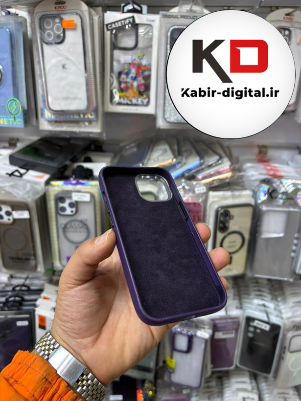 کاور گوشی آیفون iphone 13/14 طرح چرم اورجینال مگ سیف لنز کرومی بنفش