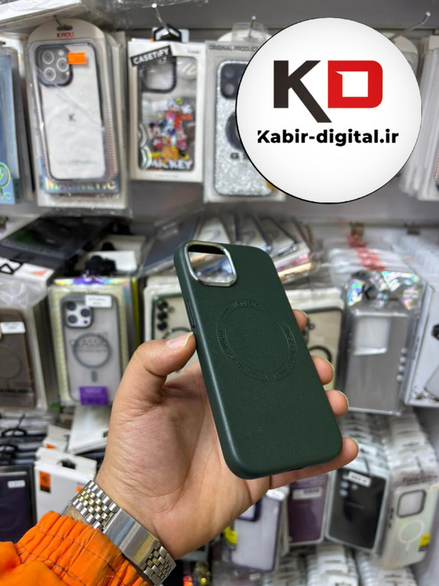 کاور گوشی آیفون iphone 13/14 طرح چرم اورجینال مگ سیف لنز کرومی سبز