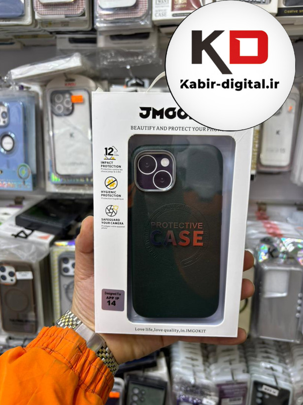 کاور گوشی آیفون iphone 13/14 طرح چرم اورجینال مگ سیف لنز کرومی سبز
